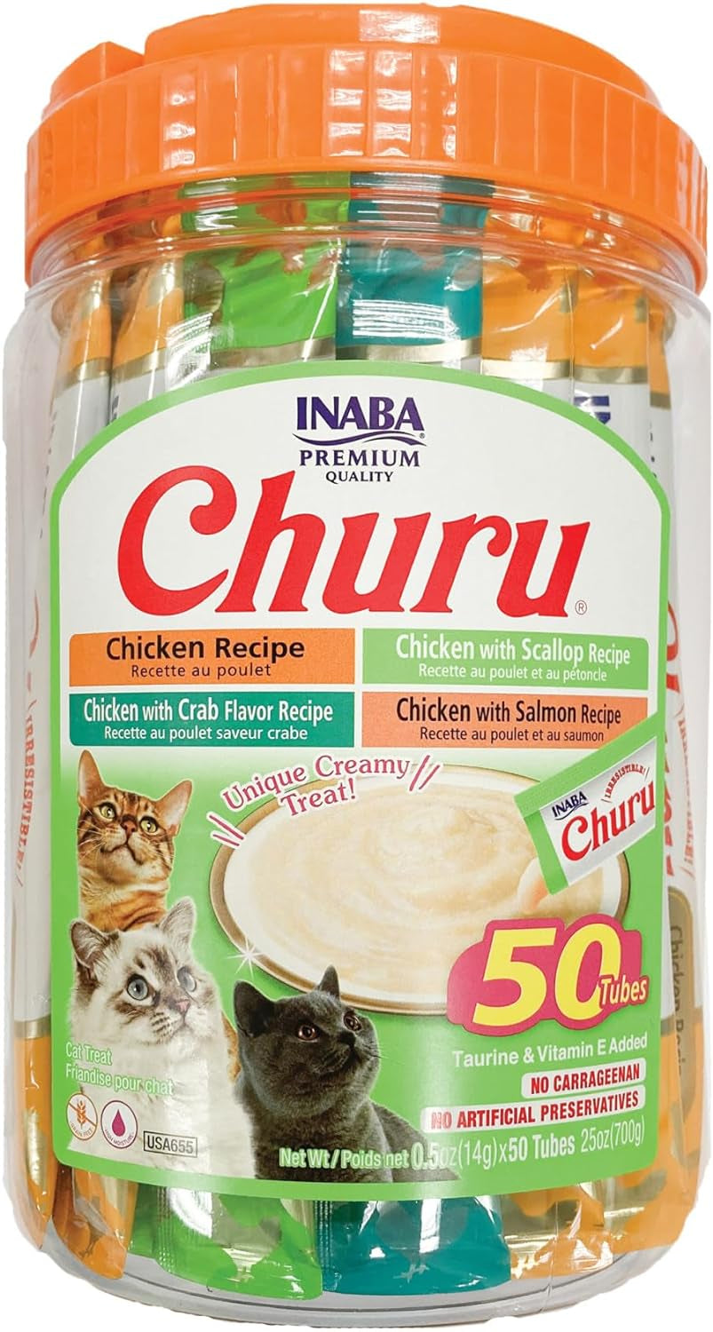 Churu Cat Treats, Grain-Free, Lickable, Squeezable Creamy Purée Cat Treat/Topper with Vitamin E & Taurine, 0.5 Ounces Each Tube, 50 Tubes, Tuna & Chicken Variety