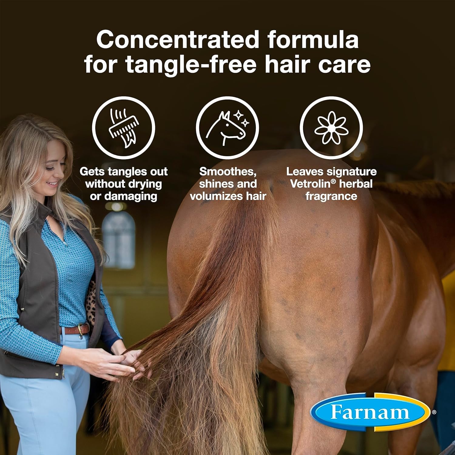 Vetrolin Concentrated Instant Horse Detangler and Conditioner for Mane and Tail, Use on Horses or Dogs, Removes Tangles and Adds Volume, 12 Oz.