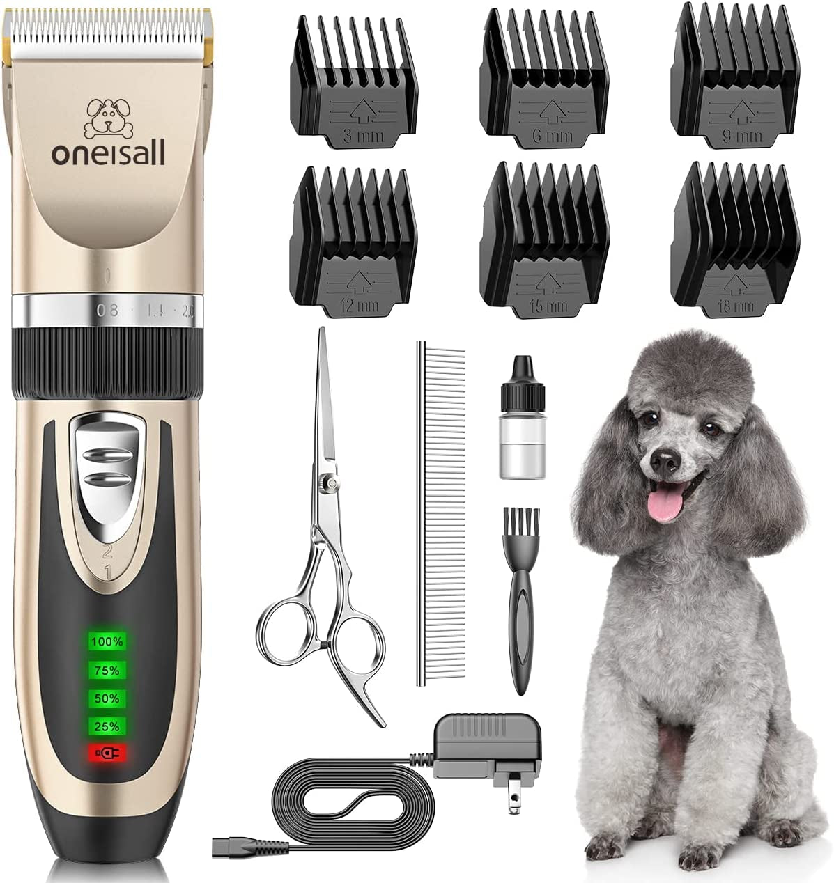 Oneisall Dog Clippers Low Noise, 2-Speed Quiet Dog Grooming Kit Rechargeable Cordless Pet Hair Clipper Trimmer Shaver for Small and Large Dogs Cats Animals