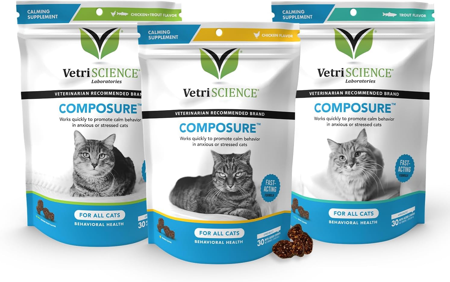 Vetriscience Composure Cat Calming Chews Variety Pack - Clinically Supported Cat Anxiety Relief Supplement for Stress, Grooming, Vet Visits, Separation & More