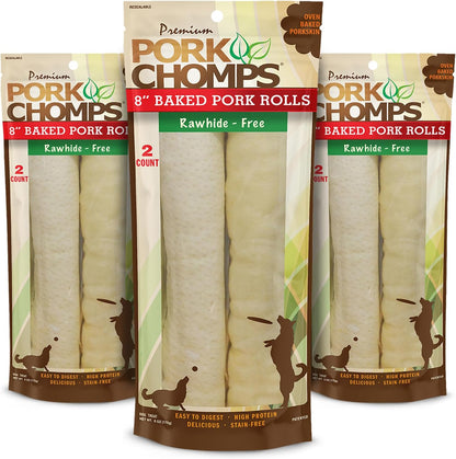 Pork Chomps Baked Pork Skin Dog Chews, 8-Inch Rolls