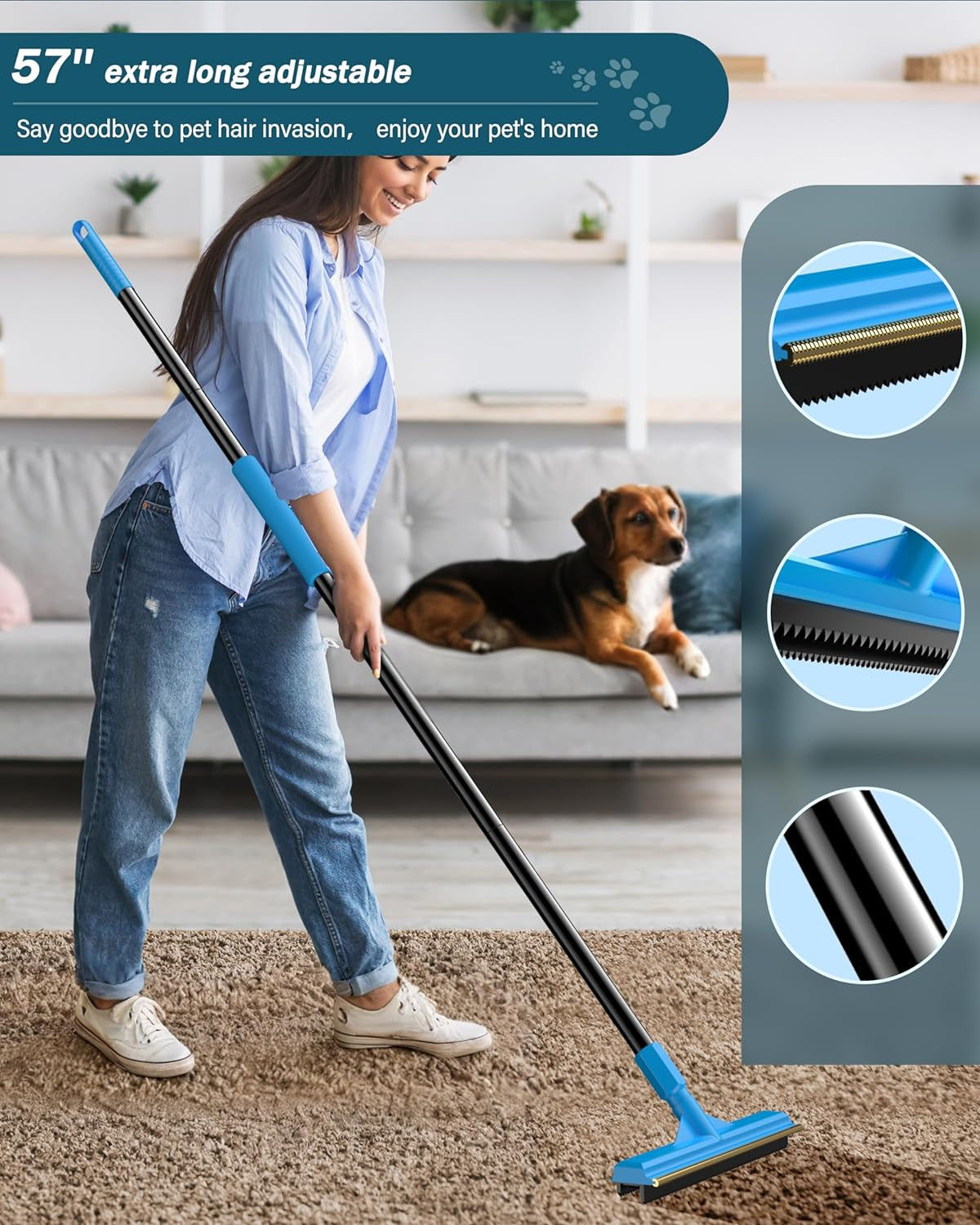 57''Pet Hair Removal Tool,Adjustable Long Handle Carpet Rake Cat Dog Hair Remover,Innovative Design Pet Hair Deep Carpet Cleaner Scraper for Fur Rug,Stairs,Couch& Hard-To-Reach Places