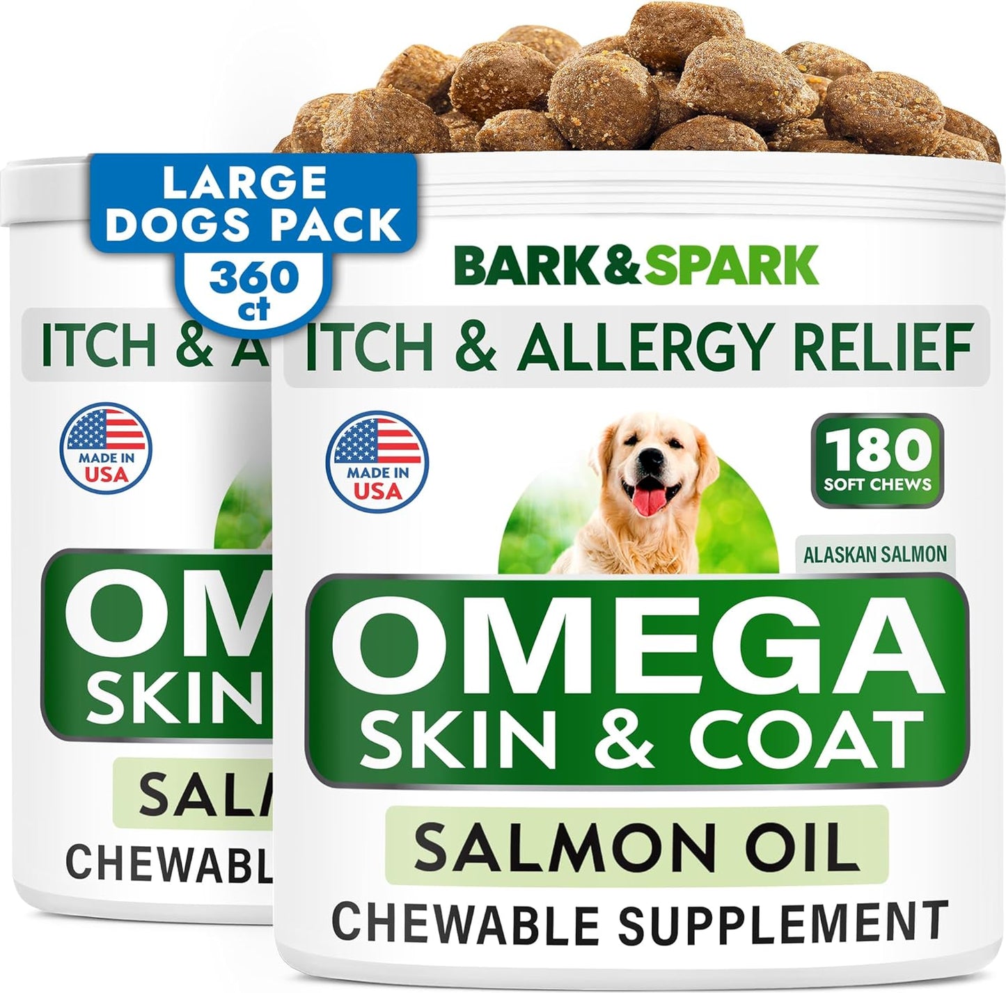 BARK&SPARK Omega 3 for Dogs - 180 Fish Oil Treats for Dog Shedding, Skin Allergy, Itch Relief, Hot Spots Treatment - Joint Health - Skin and Coat Supplement - EPA & DHA Fatty Acids