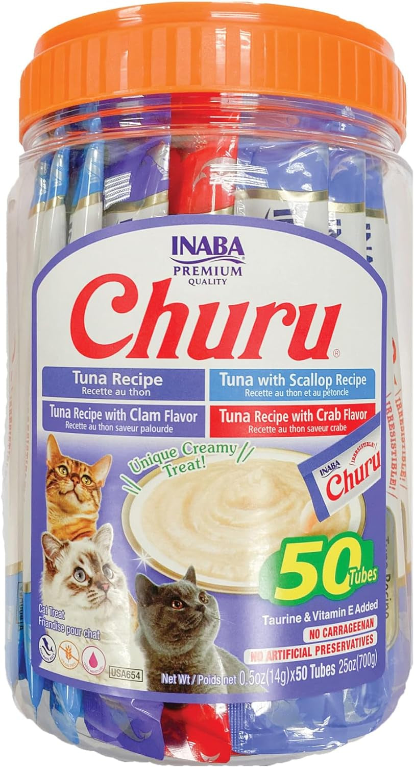 Churu Cat Treats, Grain-Free, Lickable, Squeezable Creamy Purée Cat Treat/Topper with Vitamin E & Taurine, 0.5 Ounces Each Tube, 50 Tubes, Tuna & Chicken Variety