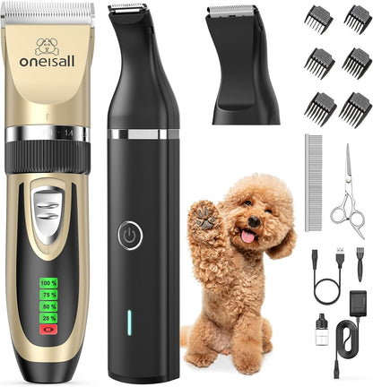 Oneisall Dog Clippers and Dog Paw Trimmer Kit 2 in 1 Low Noise Cordless Dog Clippers for Grooming Pet Hair Trimmers for Small and Large Dogs Cats Animals