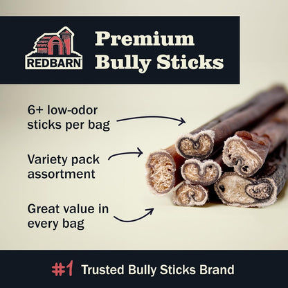 Redbarn All Natural Bully Sticks for Small & Large Dogs - Healthy Long Lasting Chews Variety Party Pack - 100% Beef Single Ingredient Low Odor Rawhide Free Dental Treats