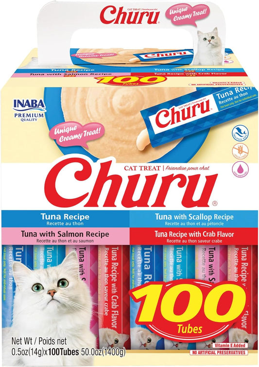 INABA Churu Cat Treats, Lickable, Squeezable Creamy Purée with Vitamin E, 0.5 Ounces per Tube, 100 Tubes Total