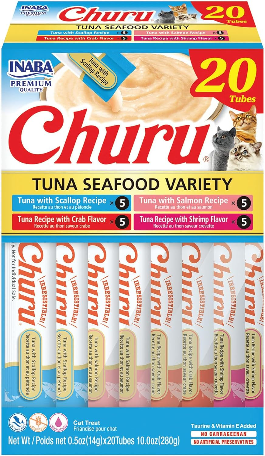 Churu Cat Treats, Grain-Free, Lickable, Squeezable Creamy Purée Cat Treat/Topper with Vitamin E & Taurine, 0.5 Ounces Each Tube, 50 Tubes, Tuna & Chicken Variety