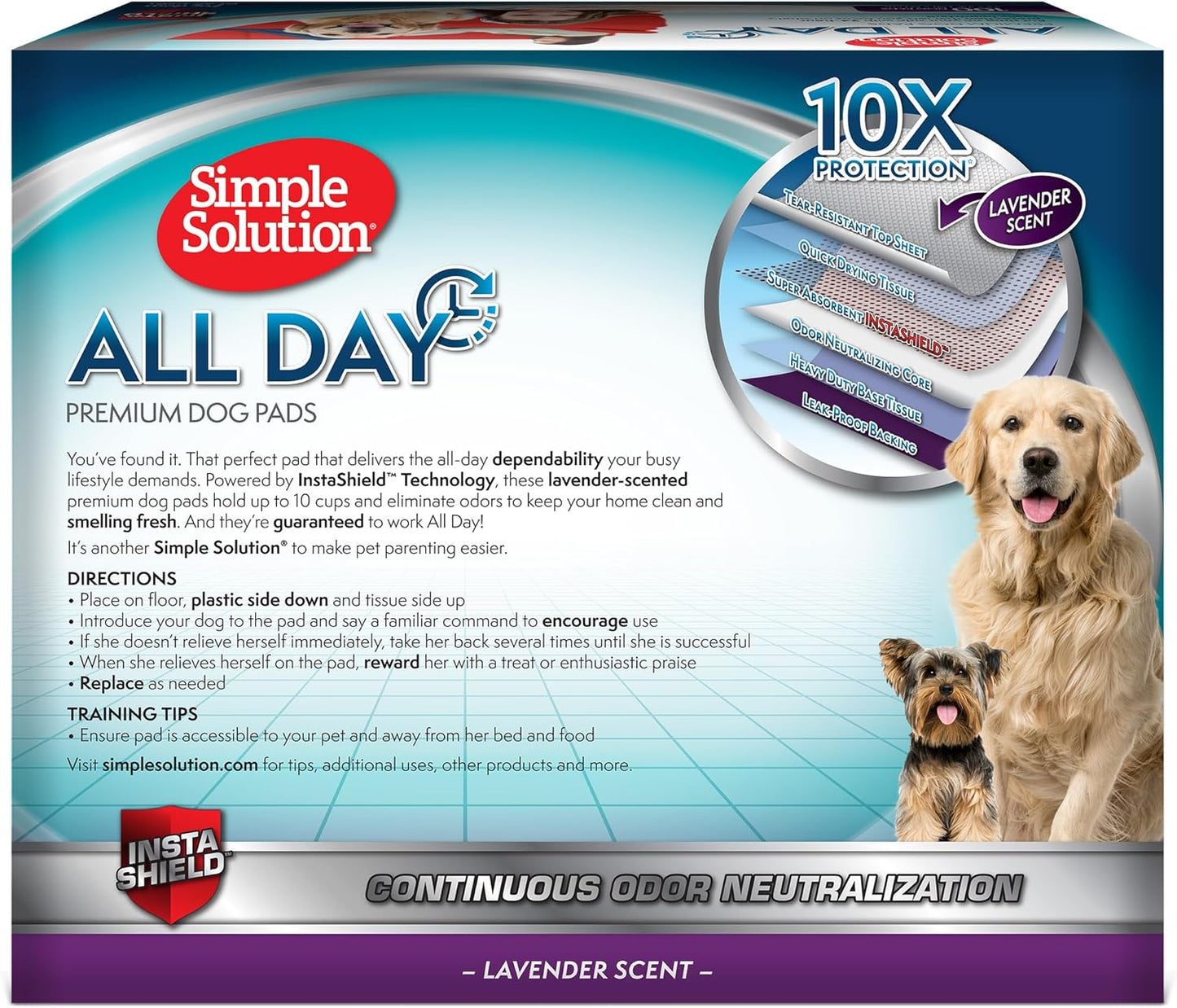 Simple Solution All Day Disposable Pee Pads for Dogs, XL Puppy Potty Training Wee Pad, 6 Layers Thick, Absorbent, Attracts Dogs, Leak Proof, Odor Neutralizing, Lavender Scent, LARGE 23"X24"