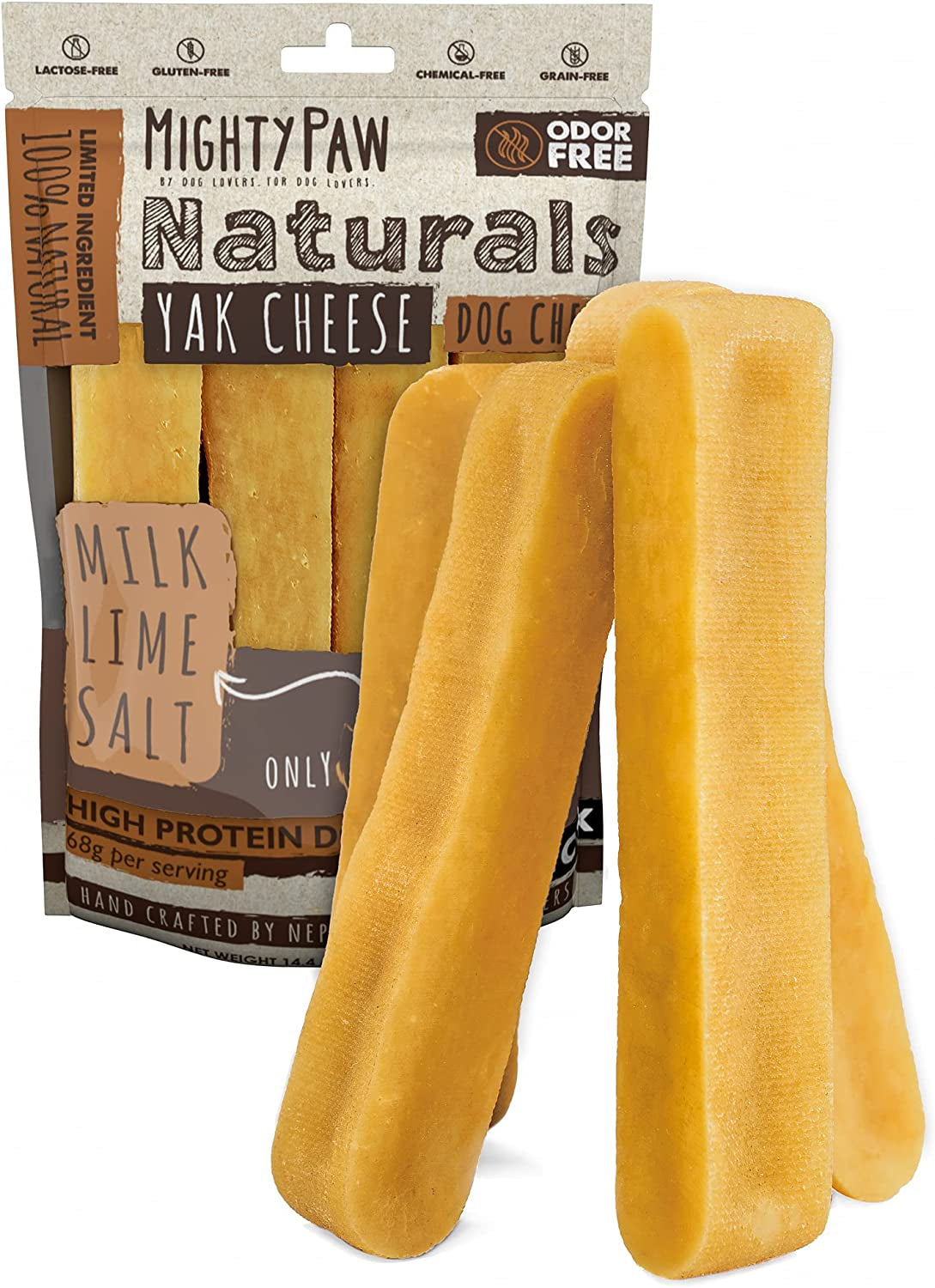 Mighty Paw Yak Cheese Dog Chews - All-Natural Treats for Dogs - High Protein Treat with 68 Grams of Protein per Chew - Delicious and Long Lasting - Odor Free with Limited Ingredients