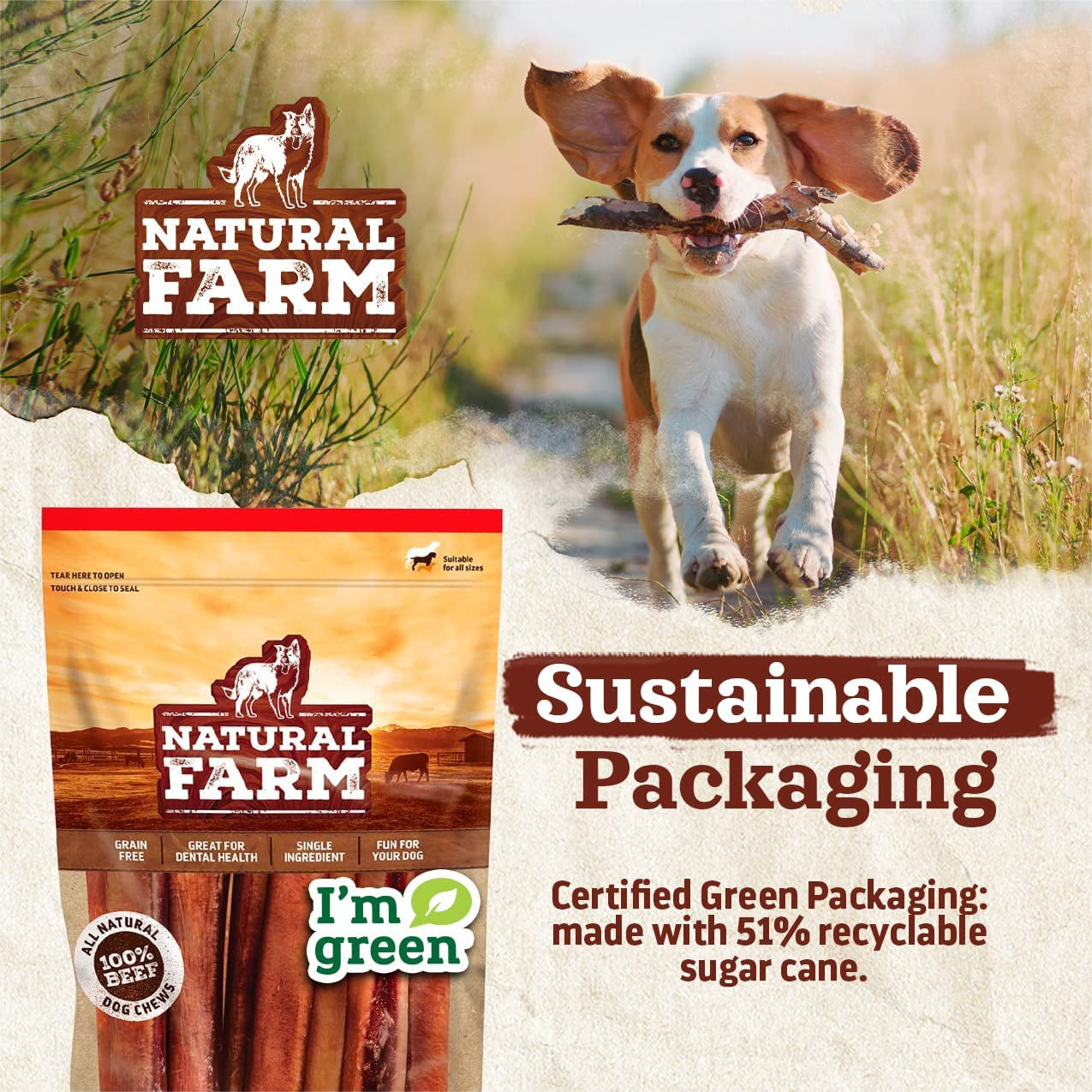 Natural Farm Odor-Free Bully Sticks, Fully Digestible 100% Beef Pizzle Chews, Grass-Fed, Non-Gmo, Grain-Free, Natural Long-Lasting Chews for Small & Large Dogs