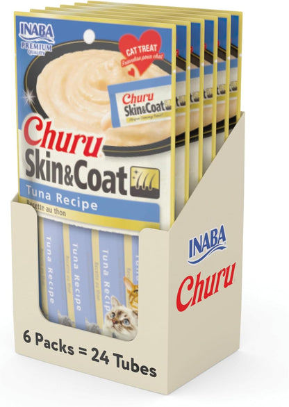 INABA Churu Lickable Purée Natural Cat Treats for Skin and Coat with Omega Oils, Taurine and Vitamin E, 0.5 Ounces Each