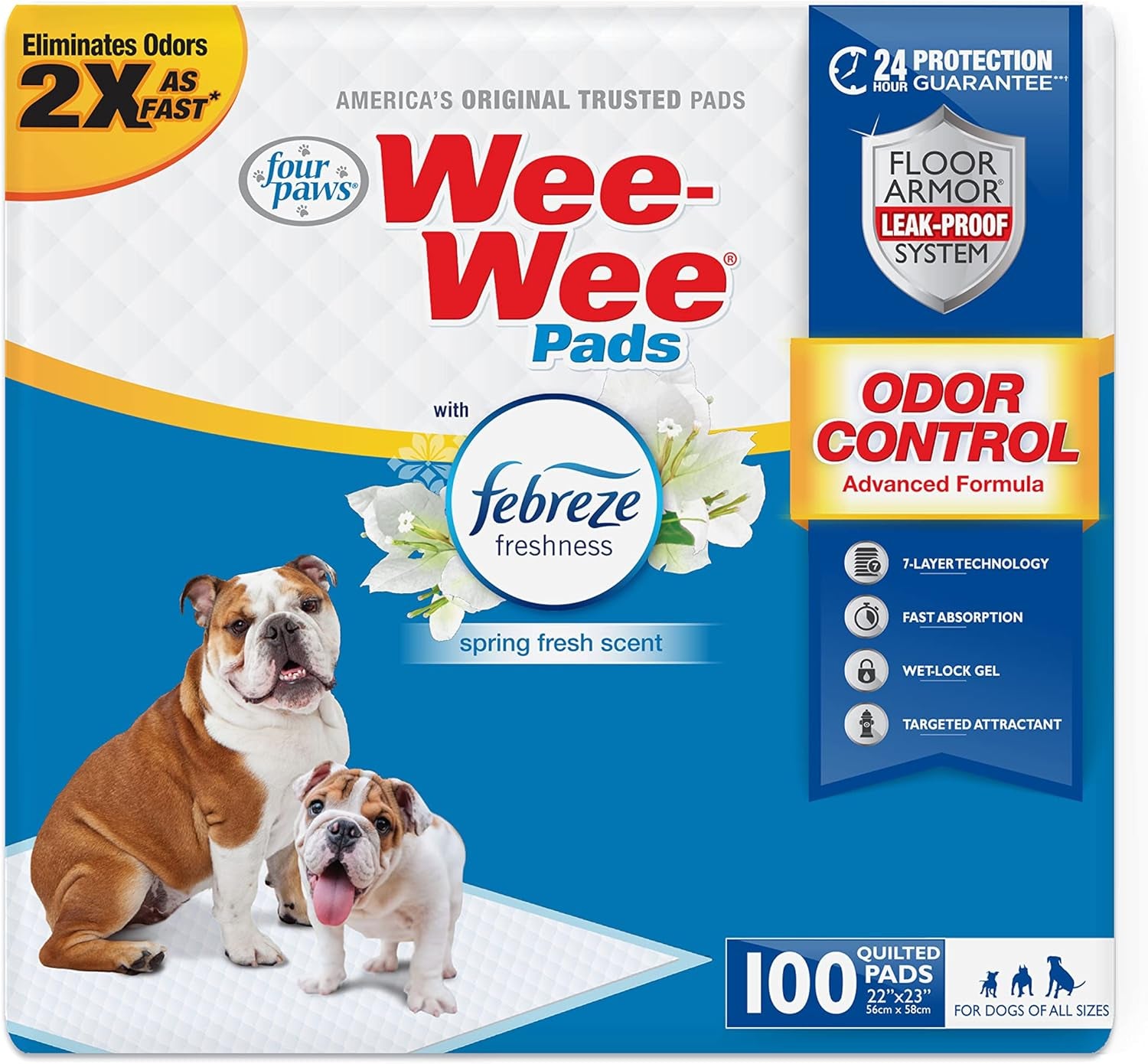 Four Paws Wee-Wee Odor Control with Febreze Freshness Pee Pads for Dogs of All Sizes, Leak-Proof Floor Protection Dog & Puppy Quilted Potty Training Pads, Spring Fresh Scent