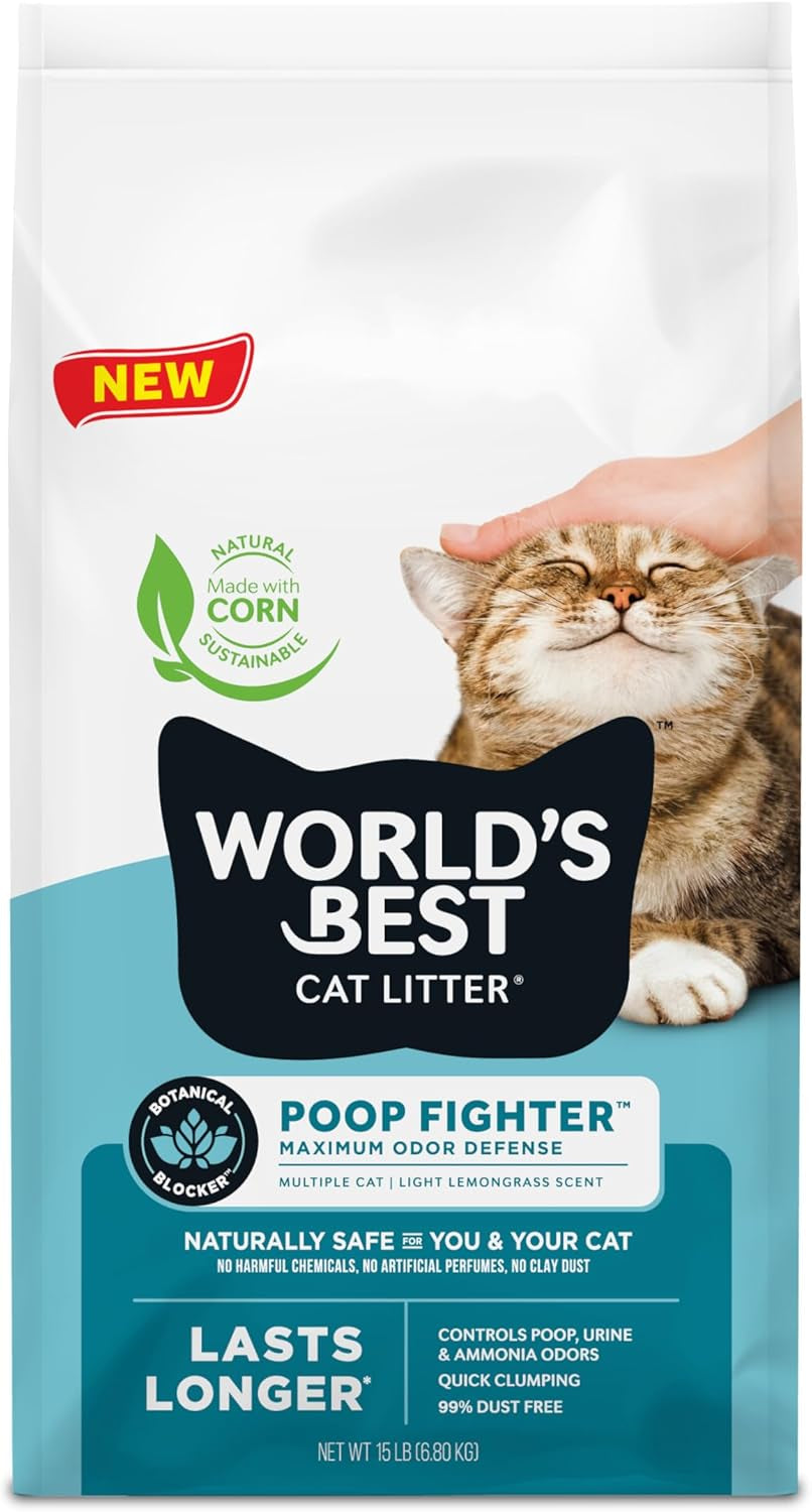 WORLD'S BEST CAT LITTER Poop Fighter Maximum Odor Defense, Natural Ingredients, Quick Clumping, Flushable, 99% Dust Free & Made in USA - Long-Lasting Odor Control & Easy Scooping