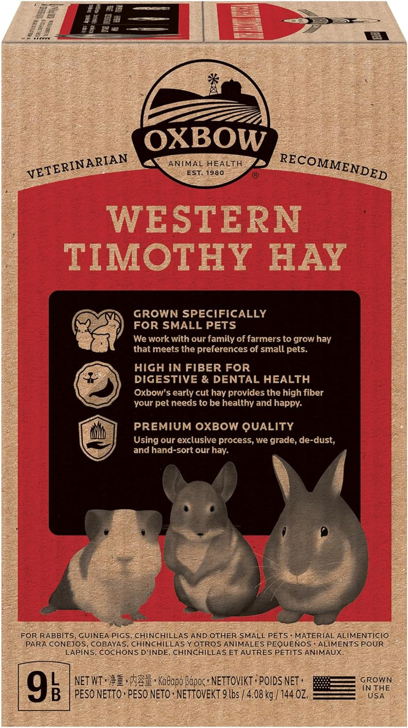 Animal Health Western Timothy Hay - All Natural Hay for Rabbits, Guinea Pigs, Chinchillas, Hamsters & Gerbils-Veterinarian Recommended- Digestive & Dental Health- Grown in the USA- 9Lb.