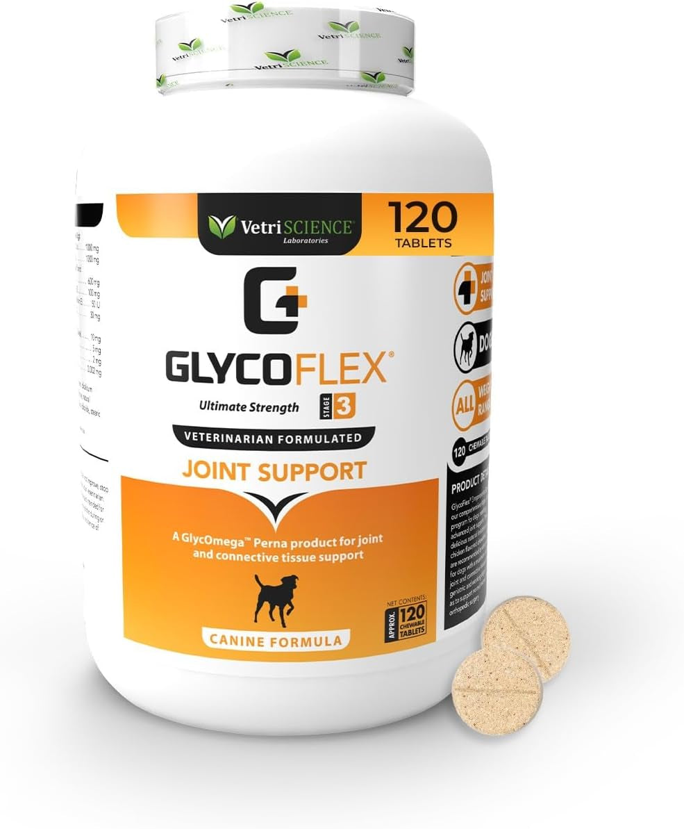 Vetriscience Glycoflex 3 Clinically Proven Hip and Joint Supplement for Dogs - Maximum Strength Dog Supplement with Glucosamine, MSM, Green Lipped Mussel & DMG