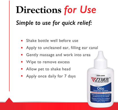 Otic Enzymatic Solution for Dogs and Cats to Soothe Ear Infections with 1% Hydrocortisone for Itch Relief, 1.25Oz