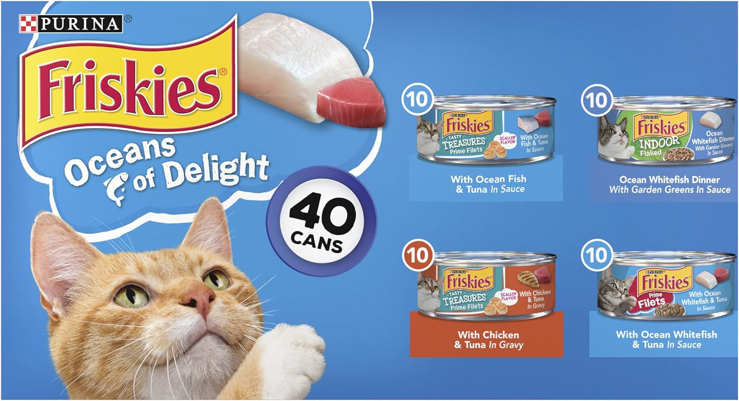 Purina Wet Cat Food Variety Pack, Oceans of Delight Flaked & Prime Filets - 5.5 Oz. Cans (Pack of 40)