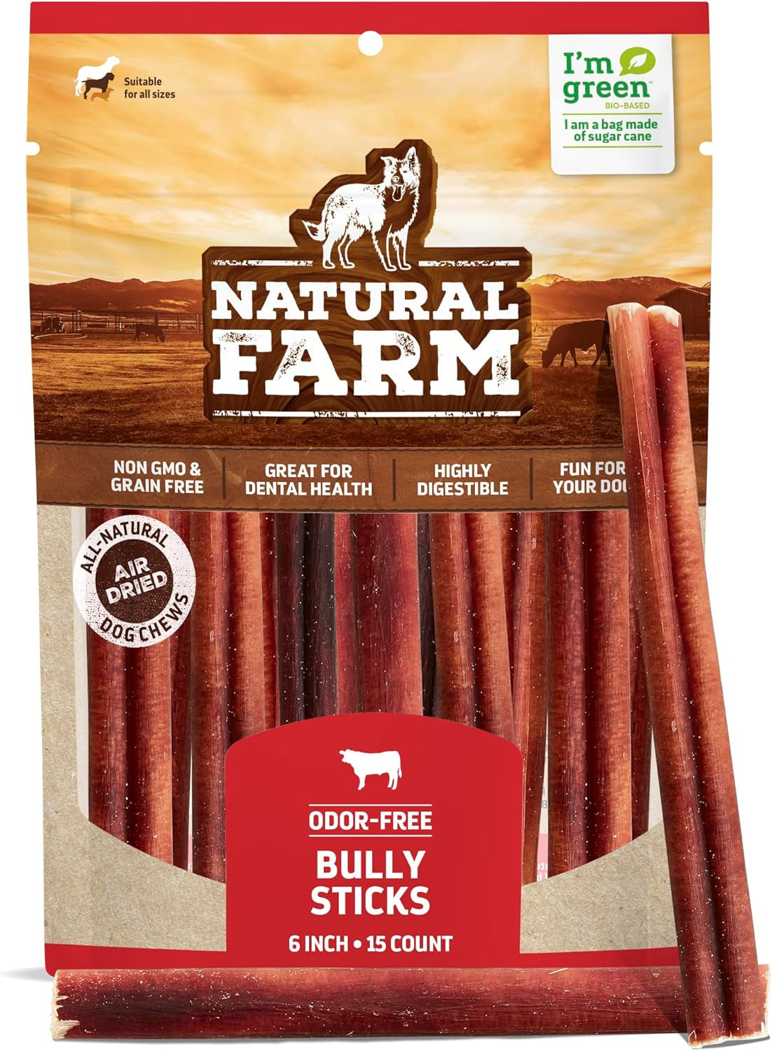 Natural Farm Odor-Free Bully Sticks, Fully Digestible 100% Beef Pizzle Chews, Grass-Fed, Non-Gmo, Grain-Free, Natural Long-Lasting Chews for Small & Large Dogs