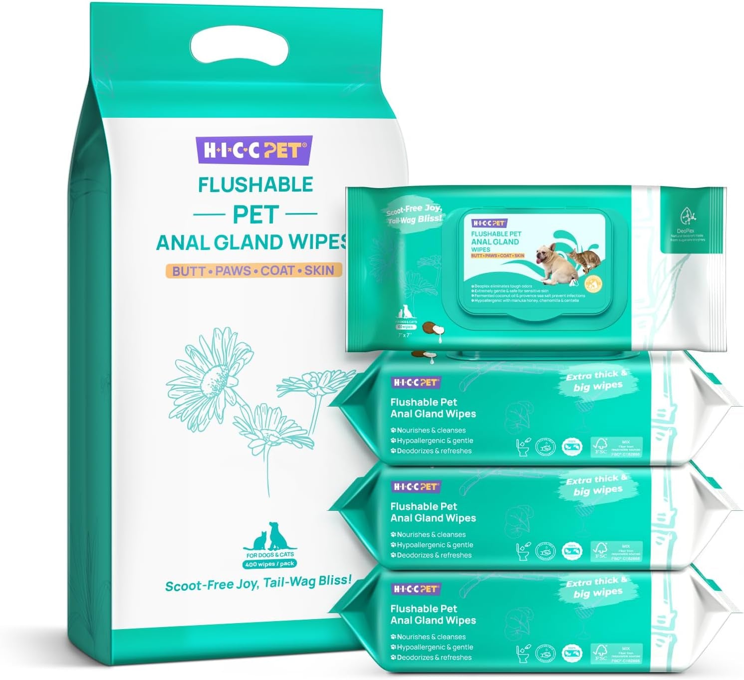 Dog Wipes for Paws and Butt, Anal Gland Wipes for Dog Cat and Pet, Cleansing & Deodorizing, Vet Recommended Cleansing Wipes, Gentle and Hypoallergenic