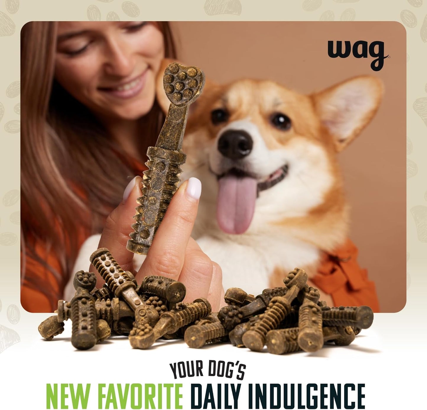 Amazon Brand - Wag Dental Chews - Green Dental Brush for Dogs, Unflavored