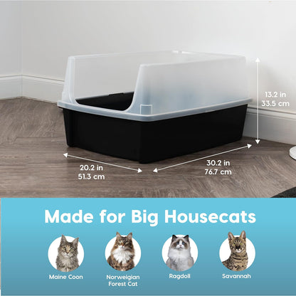 IRIS USA Extra Large Cat Litter Box, Open Top Litter Box for Big Cats and Multi-Cat Households, High Sided Scatter Shield, Easy to Clean, Black