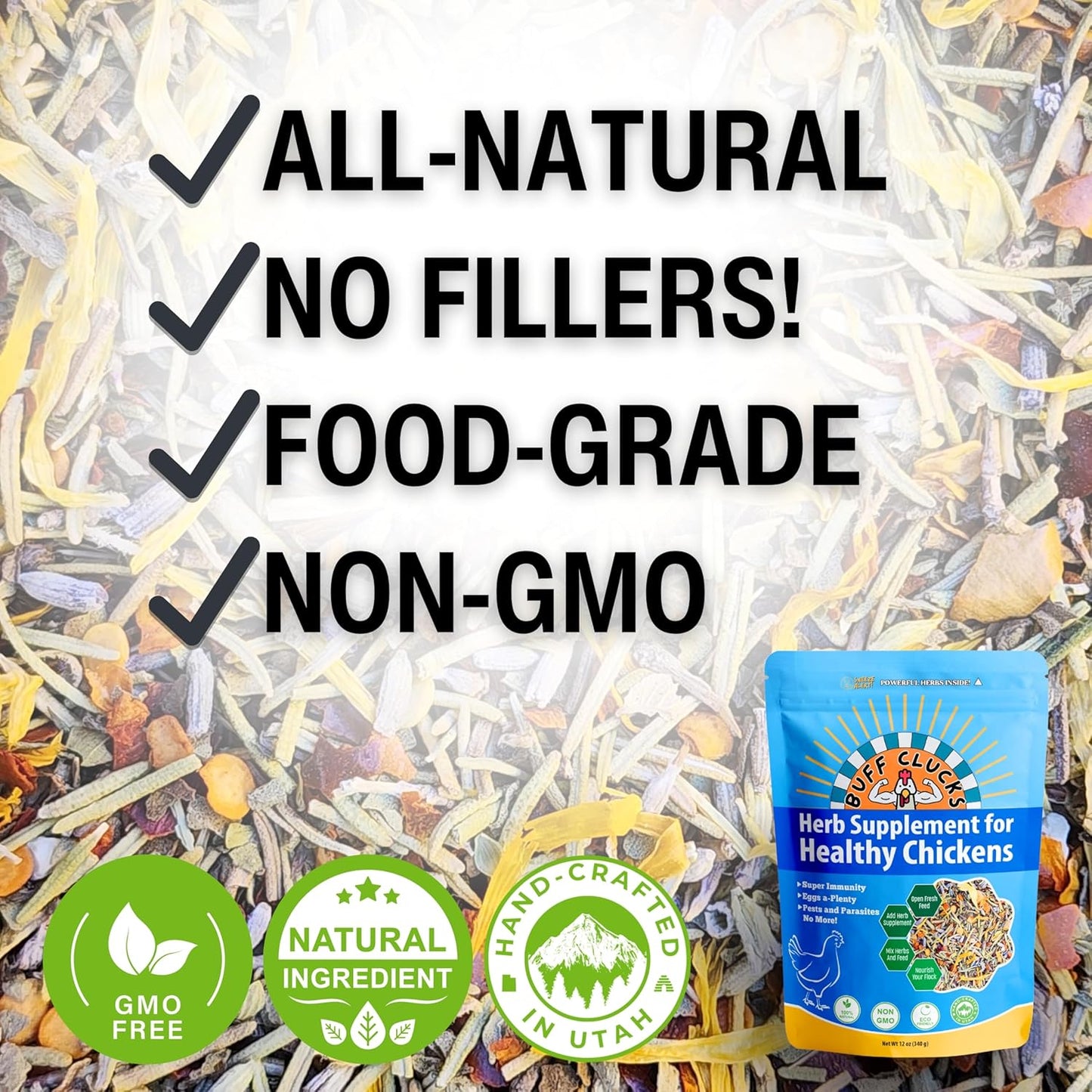 Buffclucks Herb Supplement for Backyard Chickens - Natural Chicken Treats, Poultry Feed Botanical Mix, Plant-Based Coop Snacks for Daily Wellness, Feather Quality, Egg Production - Crafted in USA