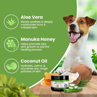 Hot Spot Treatment for Dogs, Cats & Pet Wound Care: Healing Ointment for Pets Itchy Skin Relief, Dry Skin Treatment, Natural Allergy Relief, Dog Paw Balm + Manuka Honey, Aloe Vera, Vitamin E