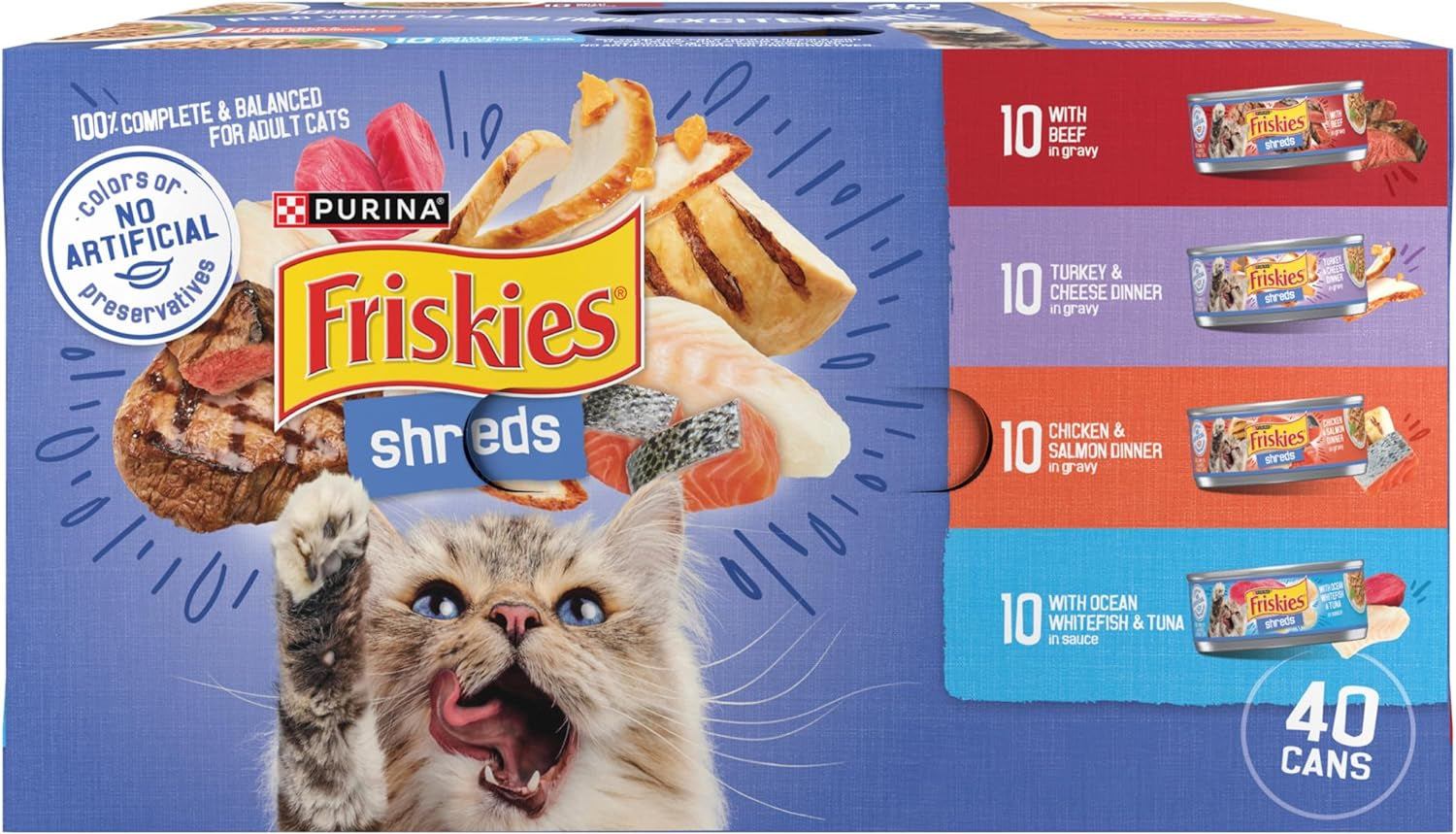 Friskies Wet Cat Food Variety Pack, Shreds Beef, Turkey, Whitefish, and Chicken & Salmon - 5.5 Oz. Cans (Pack of 40)