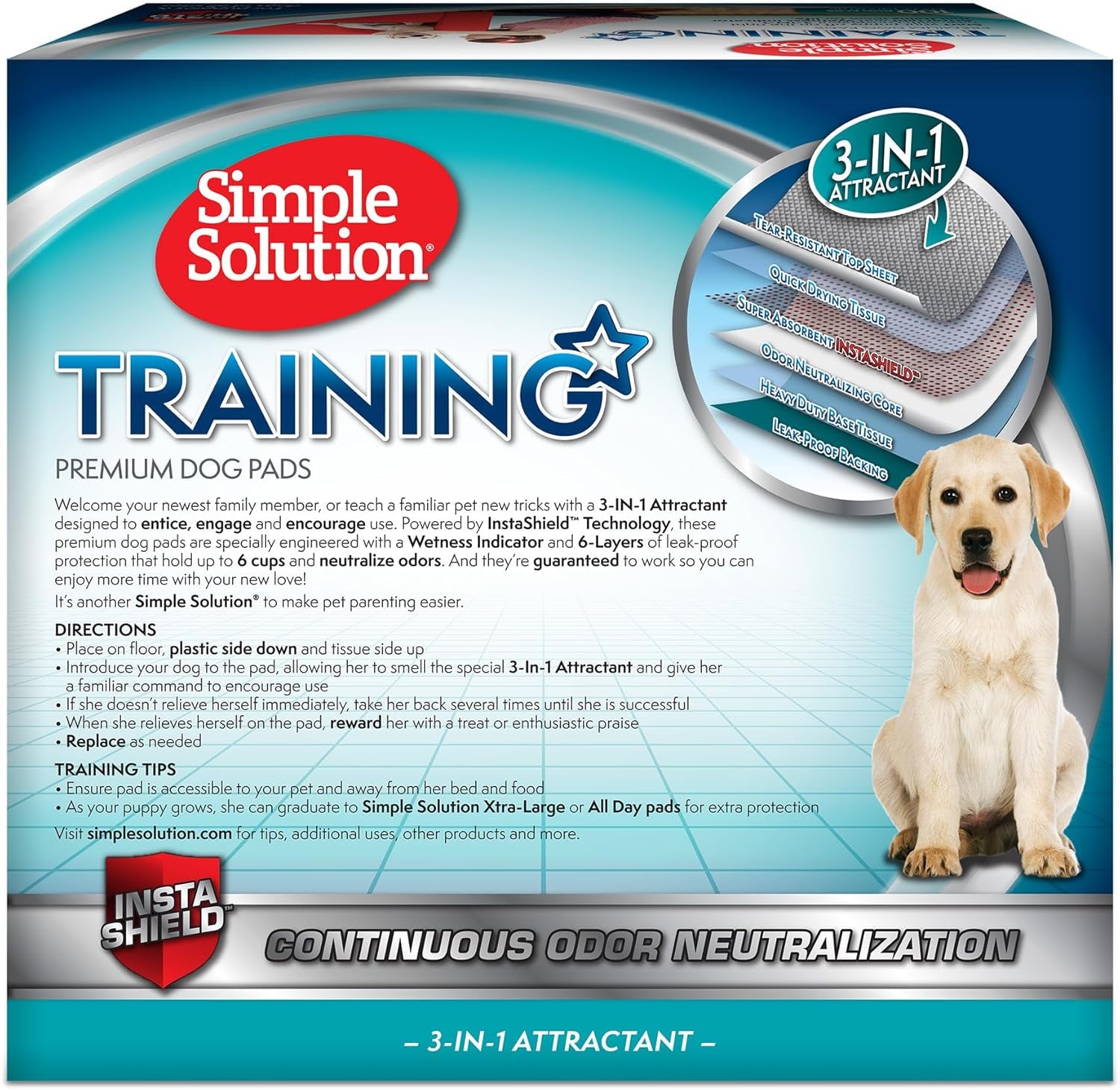 Simple Solution Large Pee Pads for Dogs, XL Puppy Potty Training Wee Wee Pad, 6 Layers Thick, Instashield Absorbent, Attracts Dogs, Leak Proof, Odor Neutralizing, Disposable, LARGE 23"X24", 100 Count