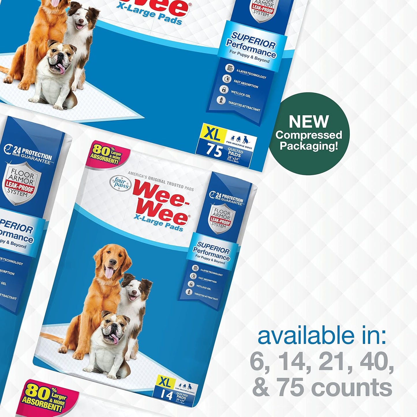 Four Paws Wee-Wee Superior Performance XL Pee Pads for Extra Large Dogs, Leak-Proof Floor Protection Dog & Puppy Quilted Potty Training Pads, Unscented, 28" X 34"