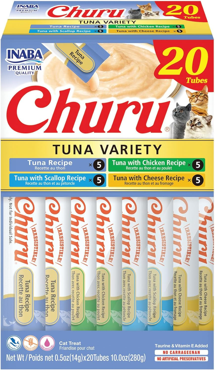 Churu Cat Treats, Grain-Free, Lickable, Squeezable Creamy Purée Cat Treat/Topper with Vitamin E & Taurine, 0.5 Ounces Each Tube, 50 Tubes, Tuna & Chicken Variety