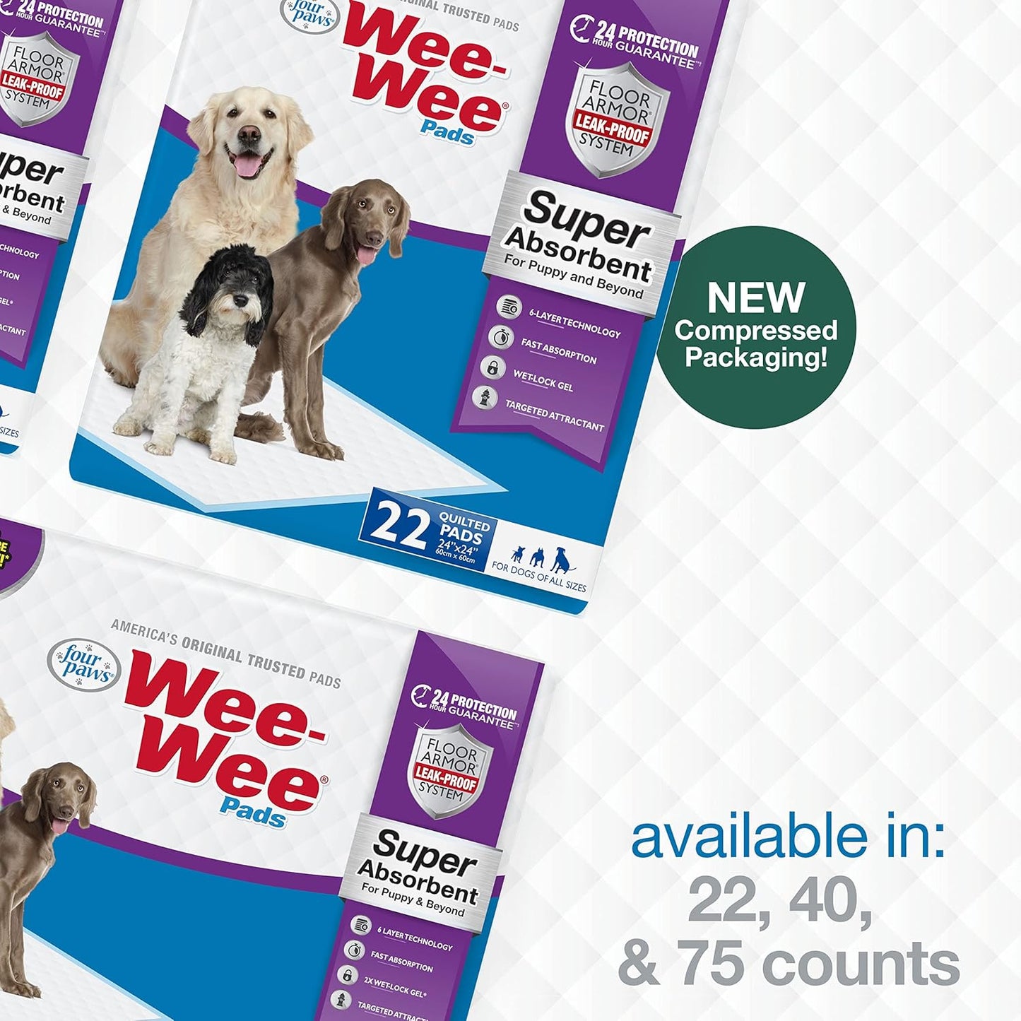 Four Paws Wee-Wee Super Absorbent Pee Pads for Dogs of All Sizes, Leak-Proof Floor Protection Dog & Puppy Quilted Potty Training Pads, Unscented, 24" X 24"