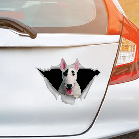 Nous aimons rouler dans les voitures - Autocollant de voiture/porte/réfrigérateur/ordinateur portable Bull Terrier V1
