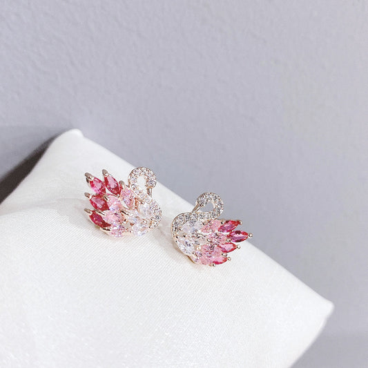 Boucles d'oreilles cygne de luxe en argent sterling 925 pour dames - Plaqué or rose