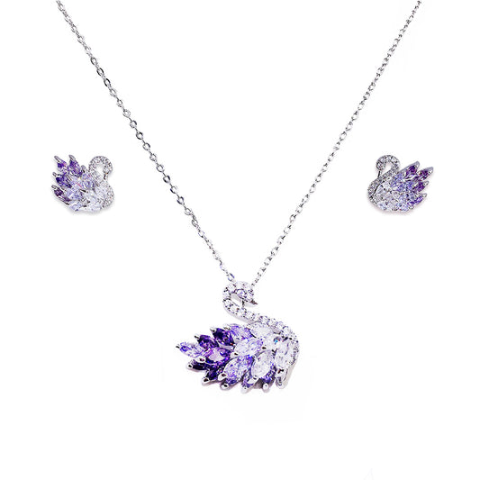 Ensemble de bijoux de luxe en forme de cygne violet en argent sterling 925 pour dames - Plaqué platine 001