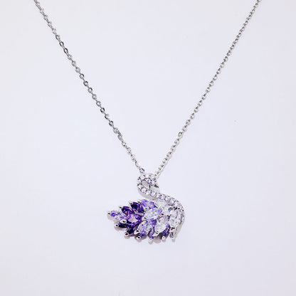 Ensemble de bijoux de luxe en forme de cygne violet en argent sterling 925 pour dames - Plaqué platine 001