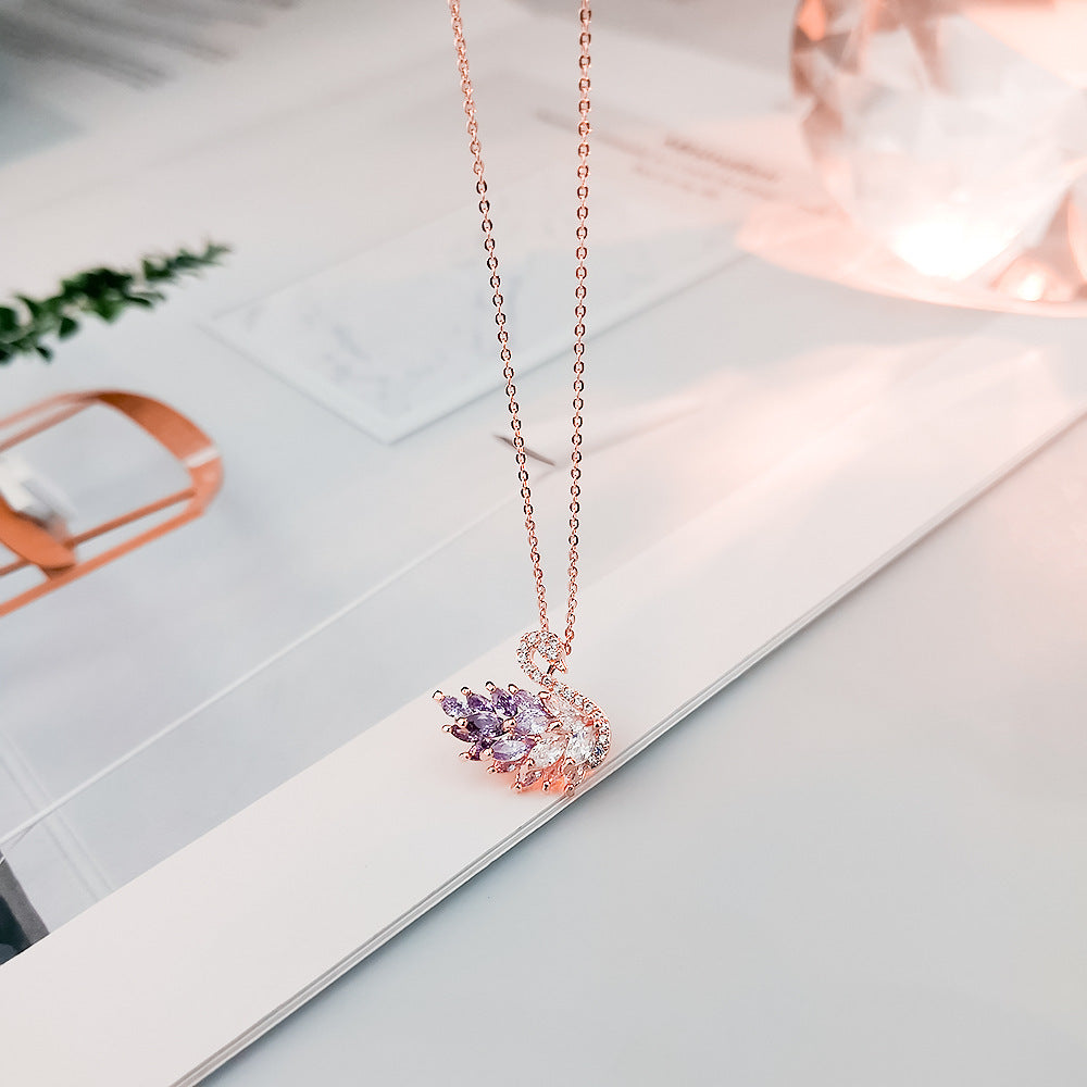 Ensemble de bijoux de luxe en forme de cygne violet en argent sterling 925 pour dames - Plaqué or rose 001