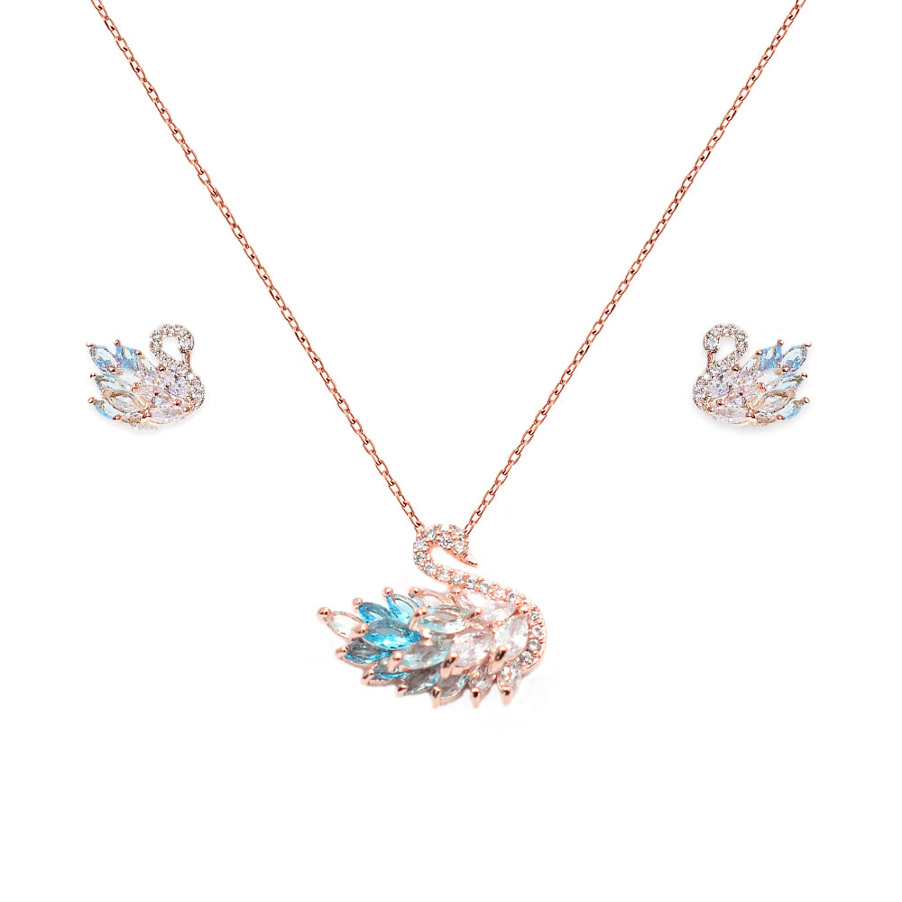 925 Sterling Silver Luxury Swan Blue Jewelry Set For Ladies - Rose Gold Plated 001