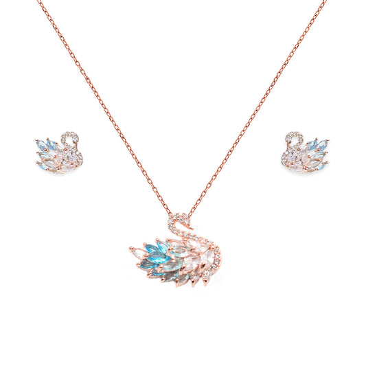 925 Sterling Silver Luxury Swan Blue Jewelry Set For Ladies - Rose Gold Plated 001