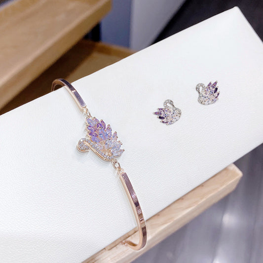 Ensemble de bijoux de luxe en forme de cygne violet en argent sterling 925 pour dames - Plaqué or rose 002