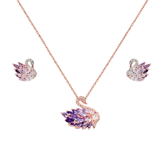 Ensemble de bijoux de luxe en forme de cygne violet en argent sterling 925 pour dames - Plaqué or rose 001