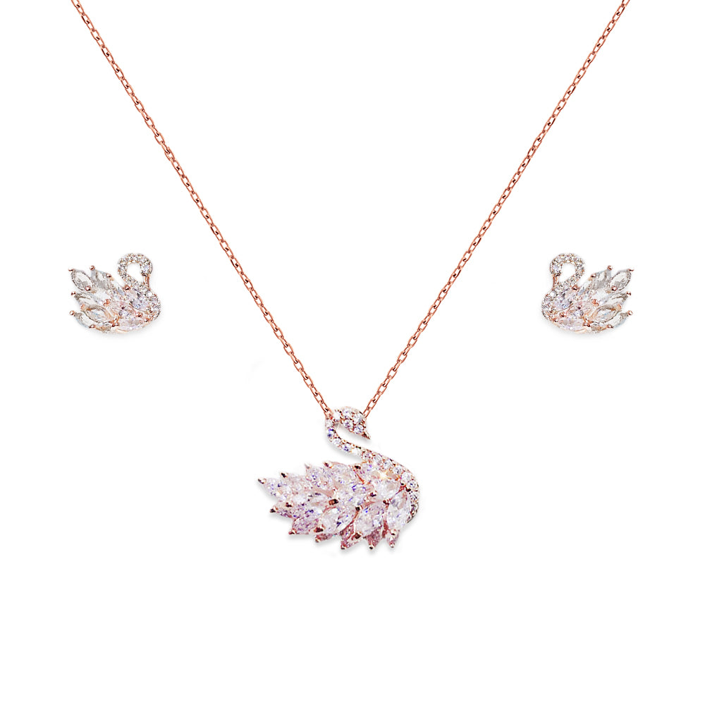 925 Sterling Silver Luxury Swan White Jewelry Set For Ladies - Rose Gold Plated 001