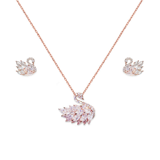 Ensemble de bijoux de luxe en forme de cygne blanc en argent sterling 925 pour dames - Plaqué or rose 001