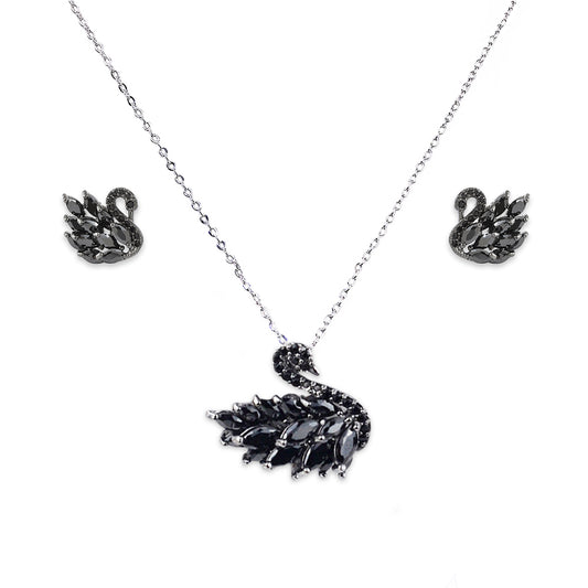 925 Sterling Silver Luxury Swan Black Jewelry Set For Ladies - Platinum Plated 001