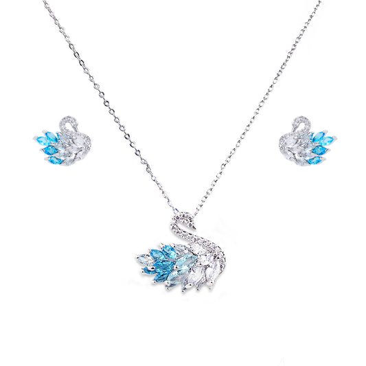 925 Sterling Silver Luxury Swan Blue Jewelry Set For Ladies - Platinum Plated 001