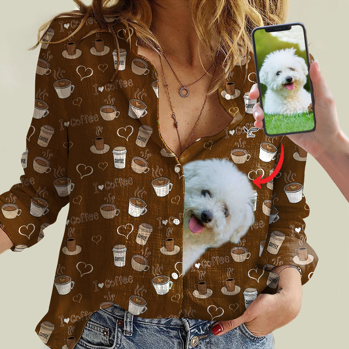 Kaffeezeit – personalisierte Bluse mit dem Foto Ihres Haustieres