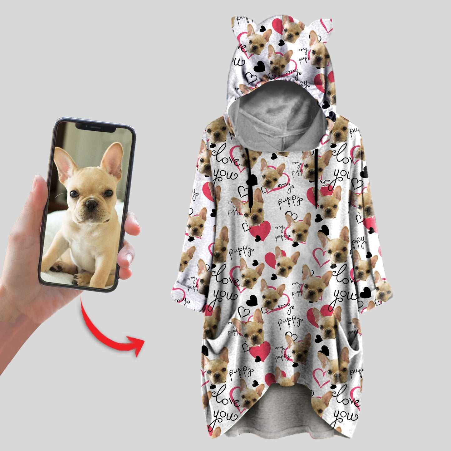 Niedlicher personalisierter Kapuzenpullover mit Ohren und dem Foto Ihres Haustieres V2
