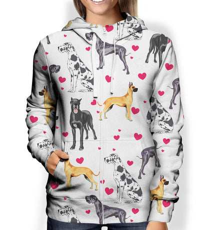 Cute Heart And Great Dane Hoodie - All Over
