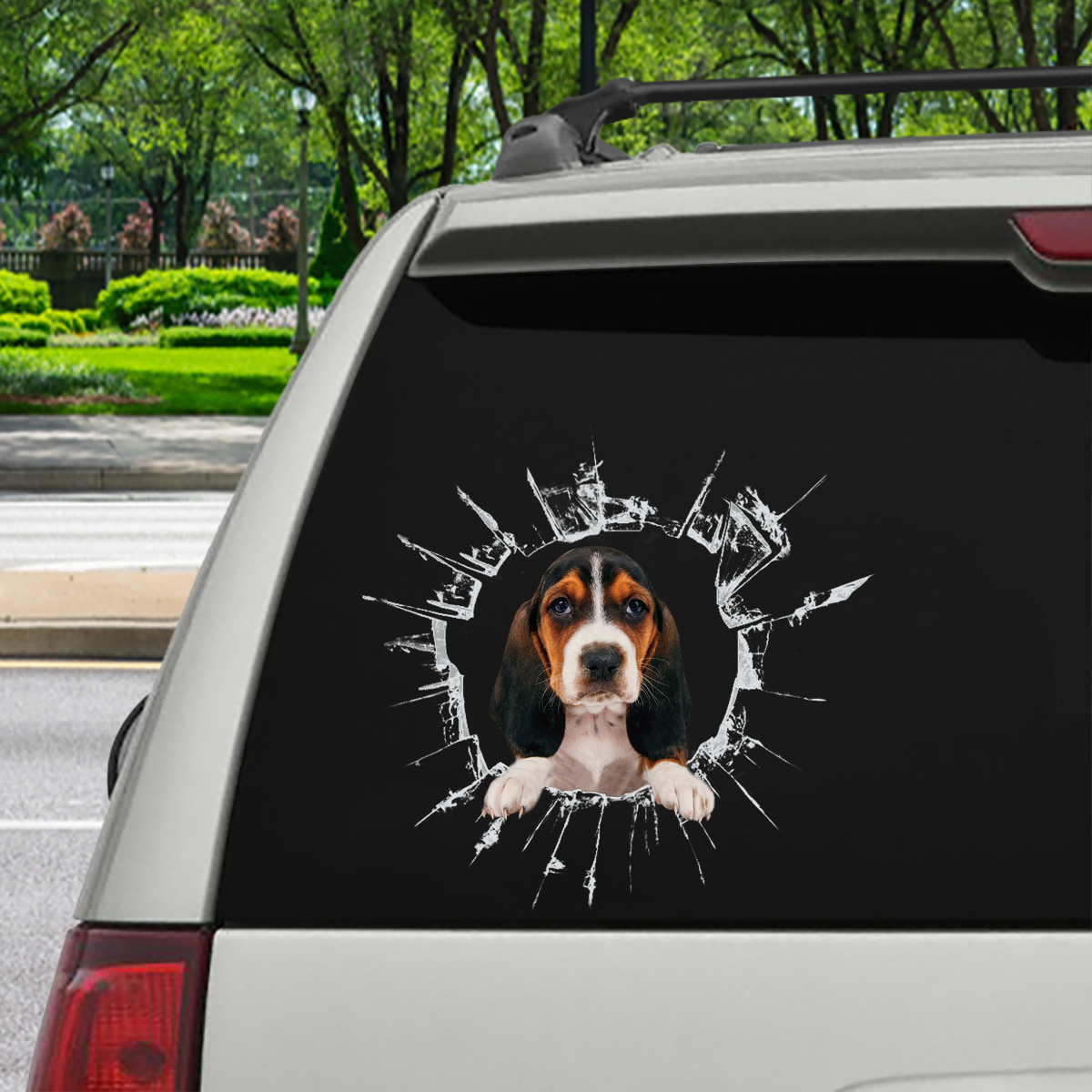 Steigen Sie ein – es ist Zeit zum Einkaufen – Basset Hound Auto-/Tür-/Kühlschrank-/Laptop-Aufkleber V2